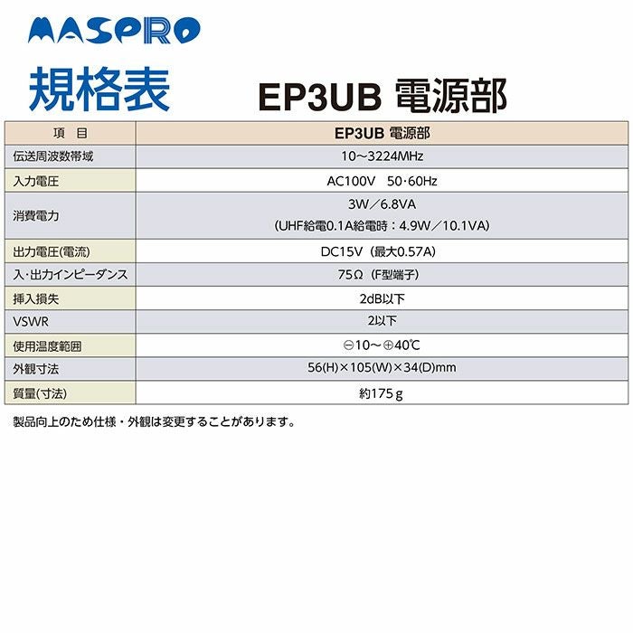 EP3UB マスプロ UHFブースター EP3UB 4K・8K対応 UB45SS相当品