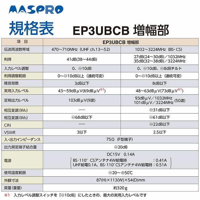 ASPRO EP3UBCB UHF BS CSブースター 楽天市場】マスプロ UHF/BS(CS) ブースター EP3UBCB 4K・8K対応 10台