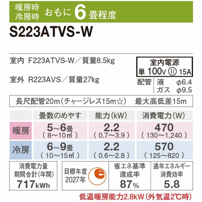 標準工事費込み】S223ATVS-W ダイキン ルームエアコン VXシリーズ 主に