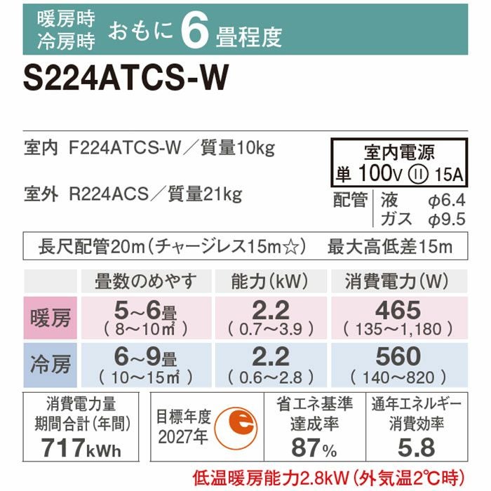標準工事費込み】S224ATCS-W ダイキン ルームエアコン CXシリーズ 主に