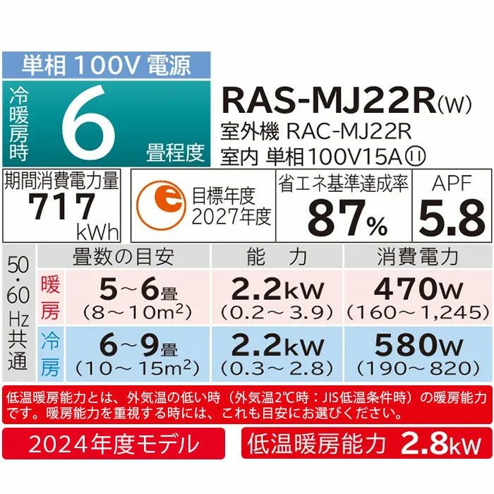 RAS-MJ22R-W 日立 ルームエアコン 白くまくん MJシリーズ 主に6畳用 