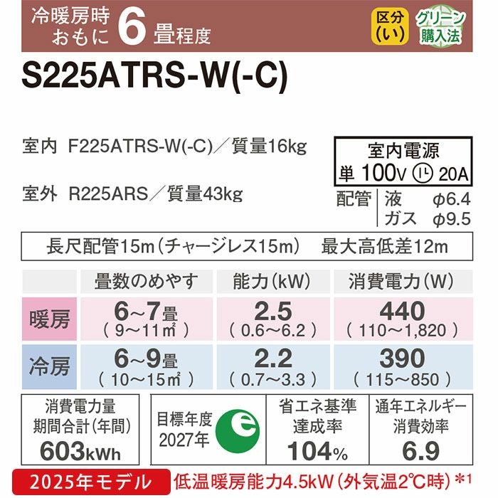 標準工事費込み】S225ATRS-W ダイキン ルームエアコン うるさら RX