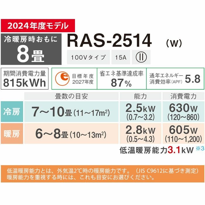 RAS-2514(W) 東芝 ルームエアコン 主に8畳用 | エアコン・家電通販の