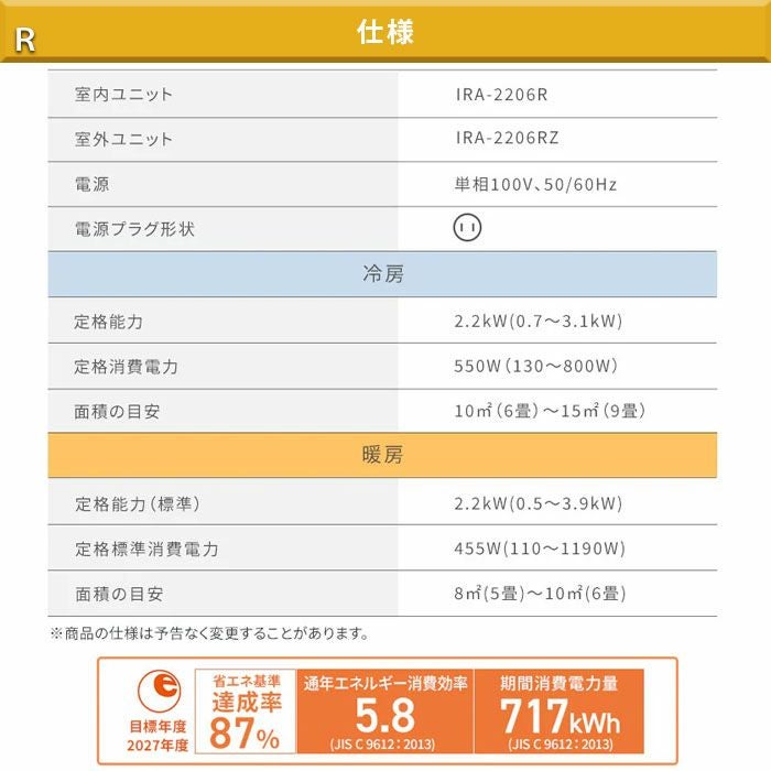 標準工事費込み】IRA-2206R アイリスオーヤマ ルームエアコン R