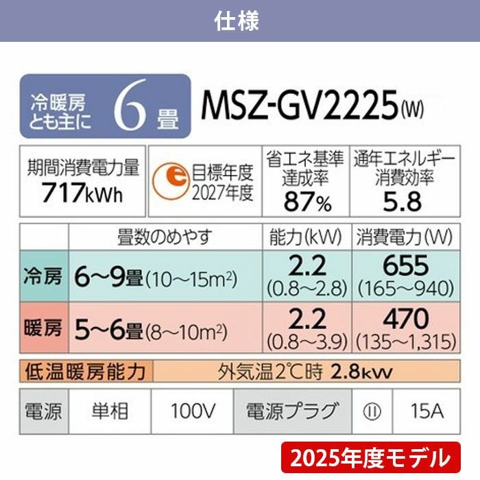 MSZ-GV2225-W 三菱電機 ルームエアコン GVシリーズ 主に6畳用 2025年