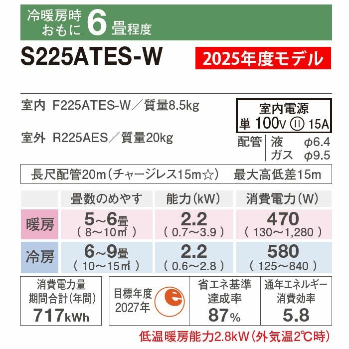 S225ATES-W ダイキン Eシリーズ エアコン 2025年モデル 主に6畳用