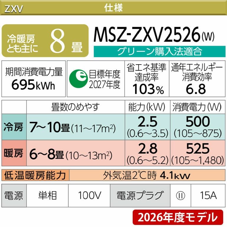 MSZ-ZXV2526-W 三菱電機 Zシリーズ エアコン 主に8畳用 | エアコン