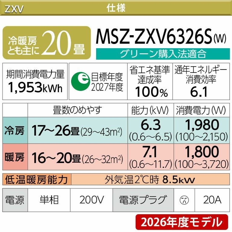 MSZ-ZXV6326S-W 三菱電機 Zシリーズ エアコン 主に20畳用 | エアコン