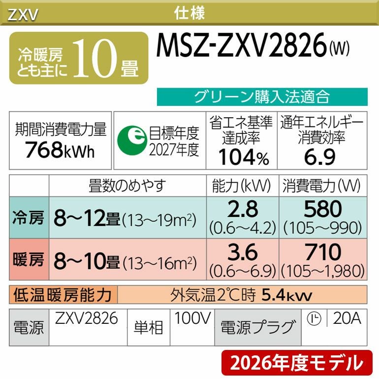 標準工事費込み】MSZ-ZXV2826-W 三菱電機 Zシリーズ エアコン 主に10畳
