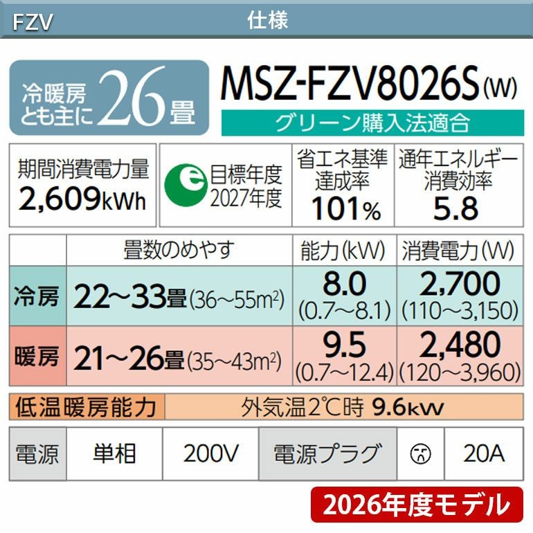 MSZ-FZV8026S-W 三菱電機 FZシリーズ エアコン 主に26畳用※エアコン