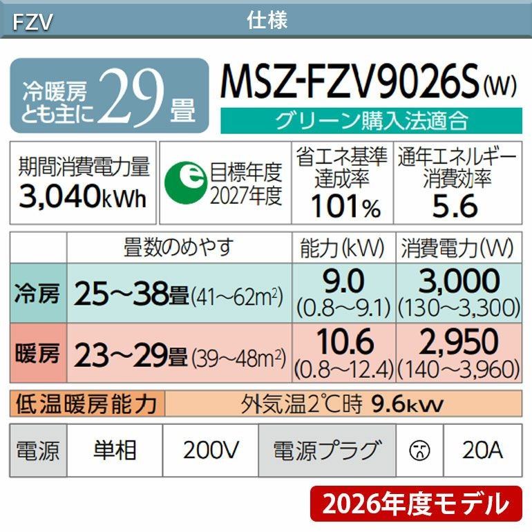 MSZ-FZV9026S-W 三菱電機 FZシリーズ エアコン 主に29畳用 | エアコン