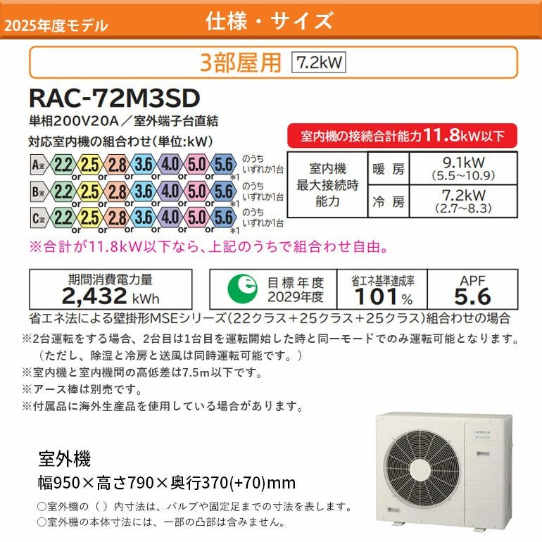 RAC-72M3SD 日立 システムマルチ室外機 3部屋用7.2KW | エアコン・家電