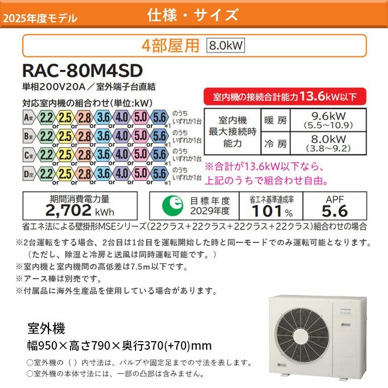 RAC-80M4SD 日立 システムマルチ室外機 4部屋用8.0KW | エアコン・家電