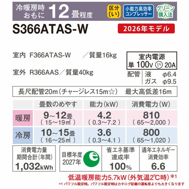 標準工事費込み】 S366ATAS-W ダイキン ルームエアコン AXシリーズ 主