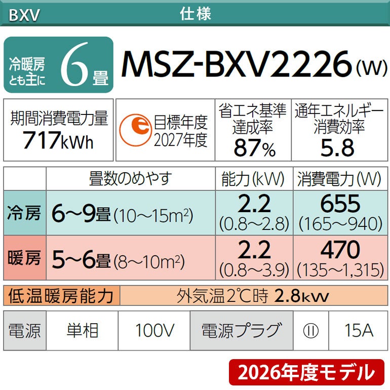 MSZ-BXV2226-W 三菱電機 BXVシリーズ エアコン 主に6畳用 | エアコン