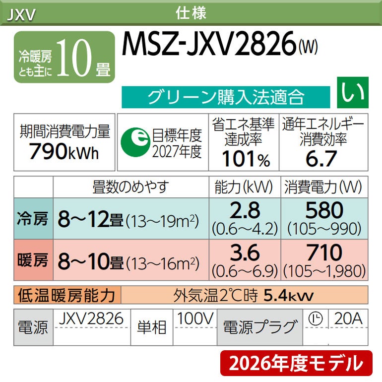 MSZ-JXV2826-W 三菱電機 JXVシリーズ ルームエアコン 主に10畳用
