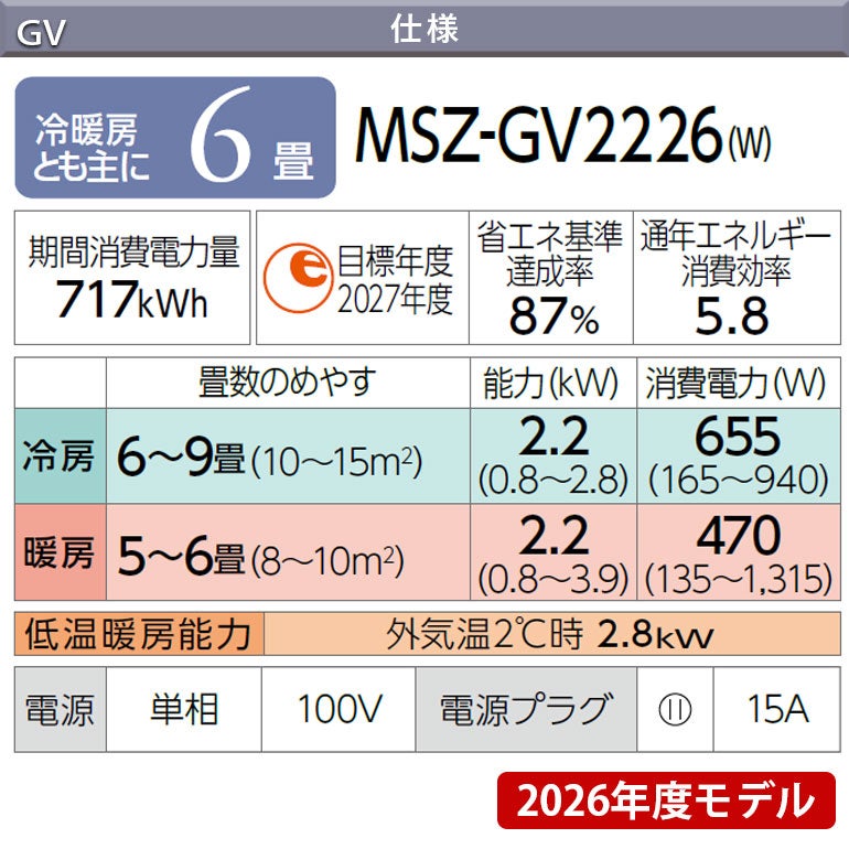 標準工事費込み】MSZ-GV2226-W 三菱電機 GVシリーズ ルームエアコン 主