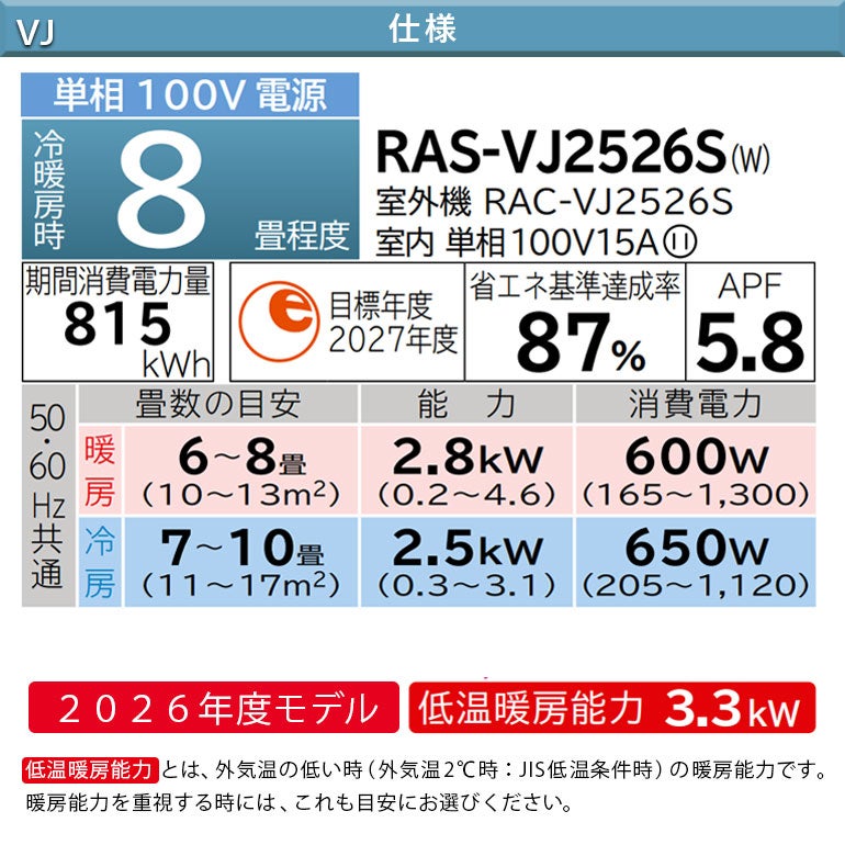 RAS-VJ2526S-W VJシリーズ 白くまくん エアコン 主に8畳用※エアコン