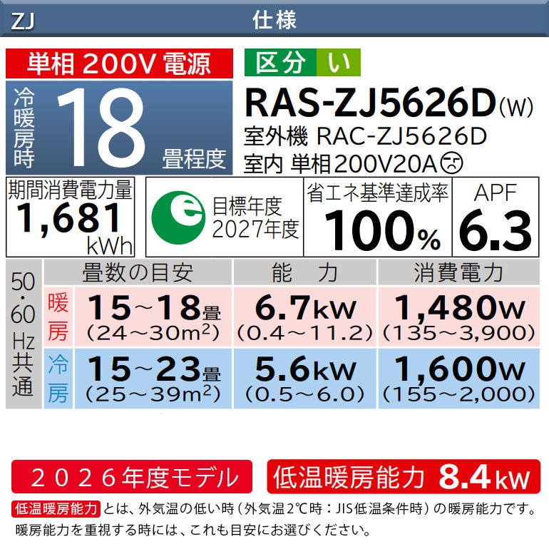 RAS-ZJ5626D-W ZJシリーズ 白くまくん エアコン 主に18畳用※室内機