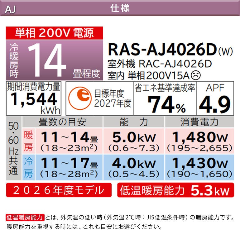 RAS-AJ4026D-W 日立 AJシリーズ 白くまくん エアコン 主に14畳用※室内