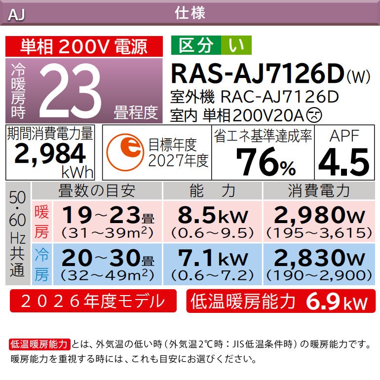 RAS-AJ7126D-W 日立 AJシリーズ 白くまくん エアコン 主に23畳用※室内